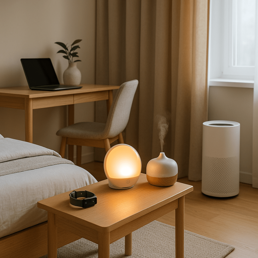 Modern bedroom setup with wellness gadgets including sunrise lamp, air purifier, smart diffuser, and fitness tracker